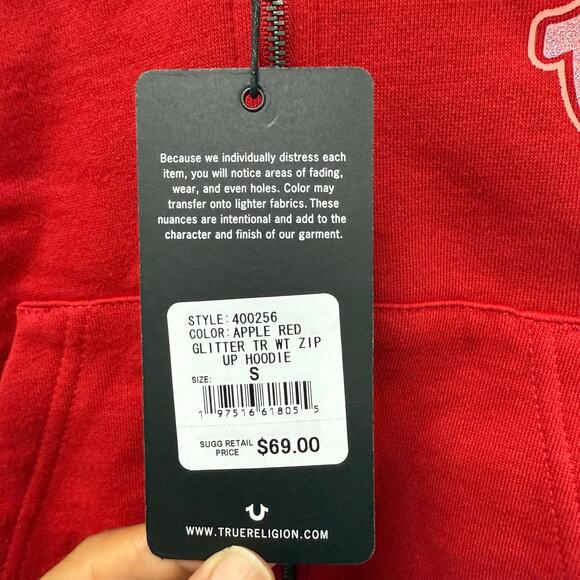 NWT‎ True Religion Girls Glitter Zip Hoodie Apple Red Size Small - Picture 6 of 9